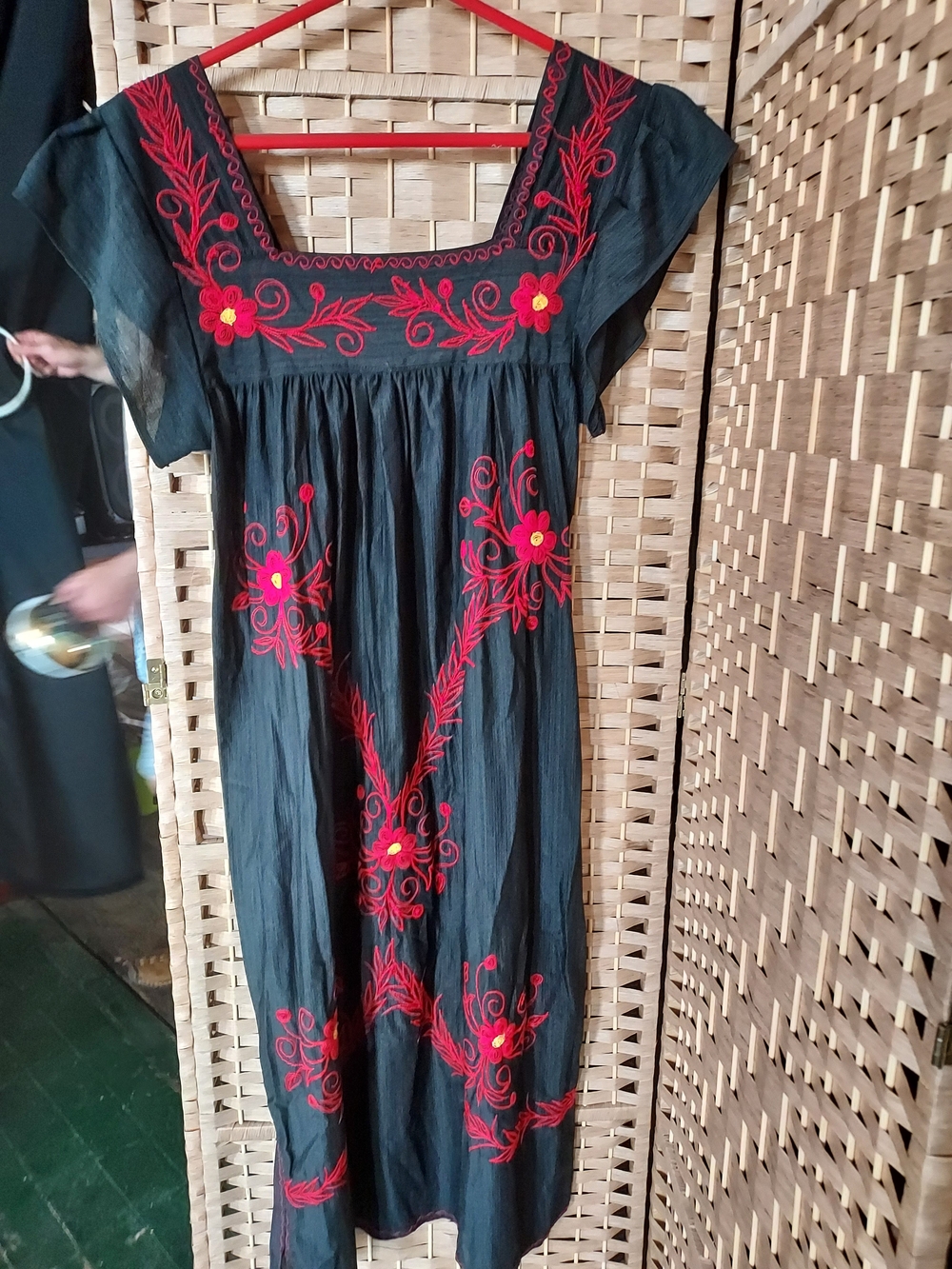 Handmade Embroidered Mexican Dress | Black Floral Boho Midi Dress | Artisan Cott